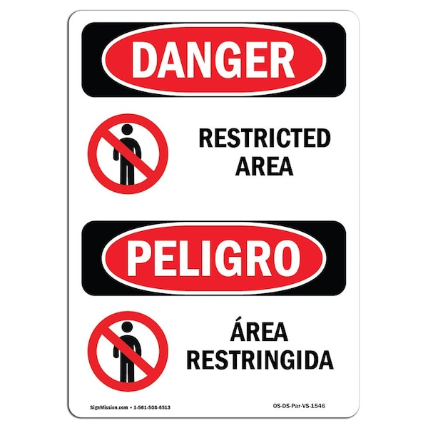 Safety Sign, OSHA Danger, 5" Height, Restricted Area With Symbol, Spanish, 10PK